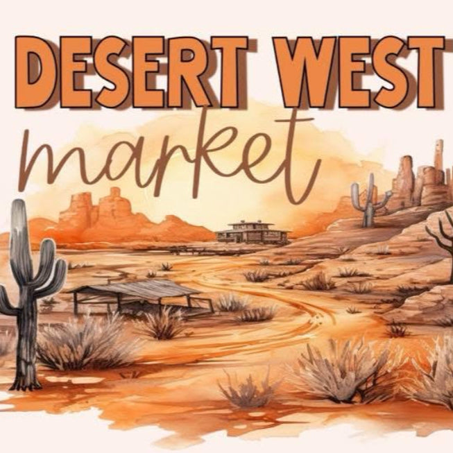 Desert West Market logo with a desert landscape illustration.