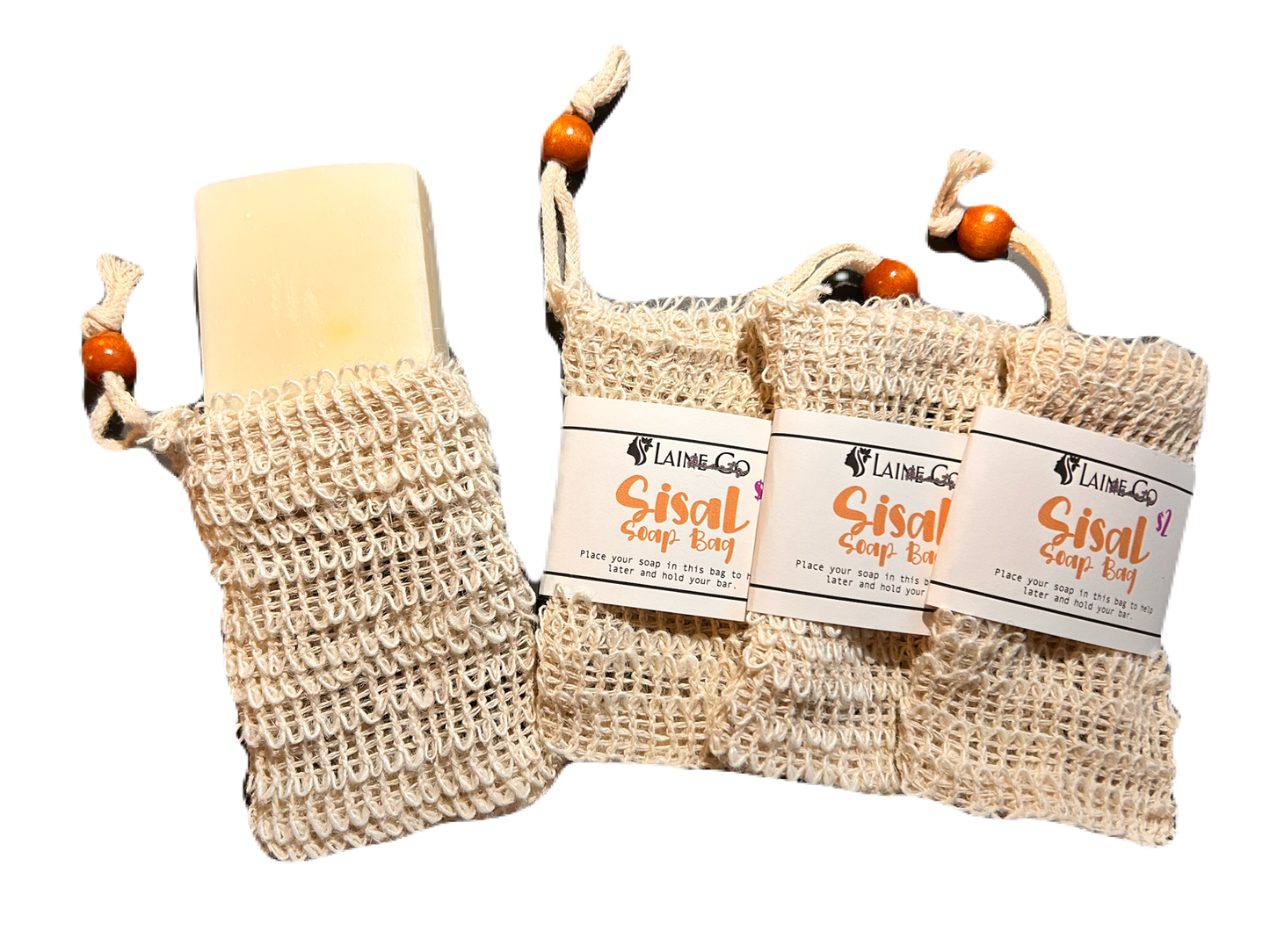 Bar of soap in a woven bag with a label on a white background