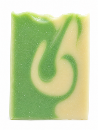 Green and beige soap bar with a wavy pattern on a white background