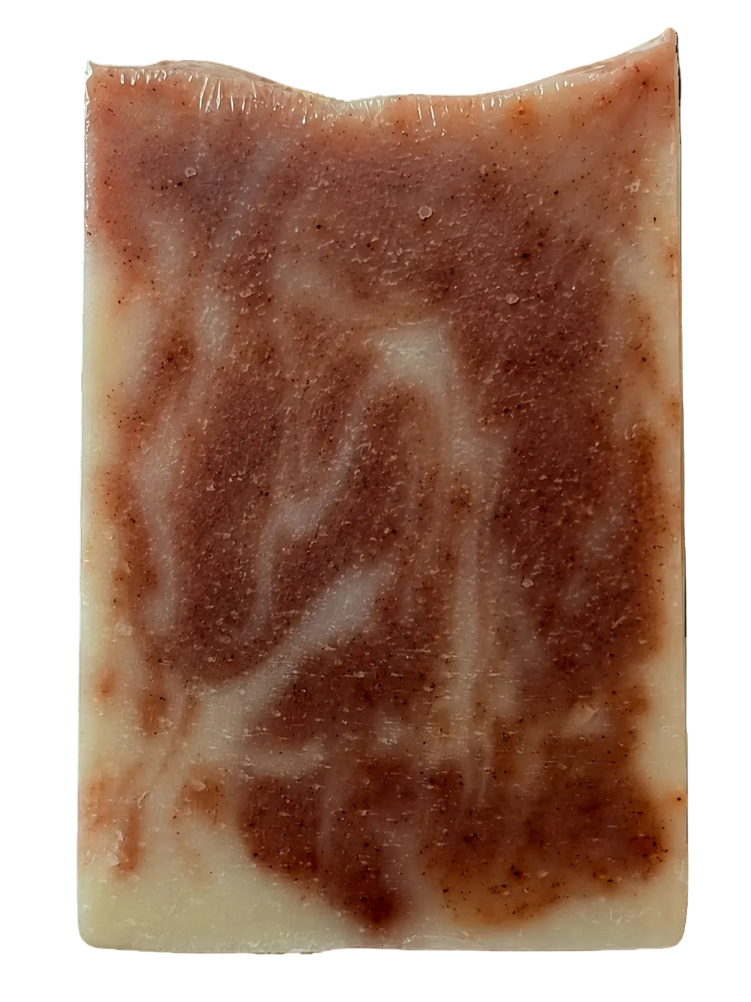 Soap bar without a label, marbled design of tan and cream.